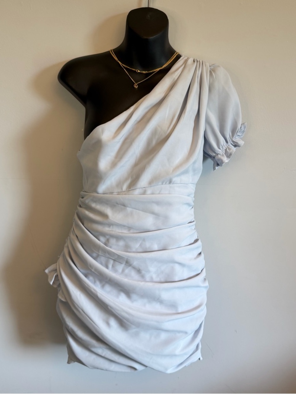 One-Shoulder Ruched Mini Dress in Light Gray